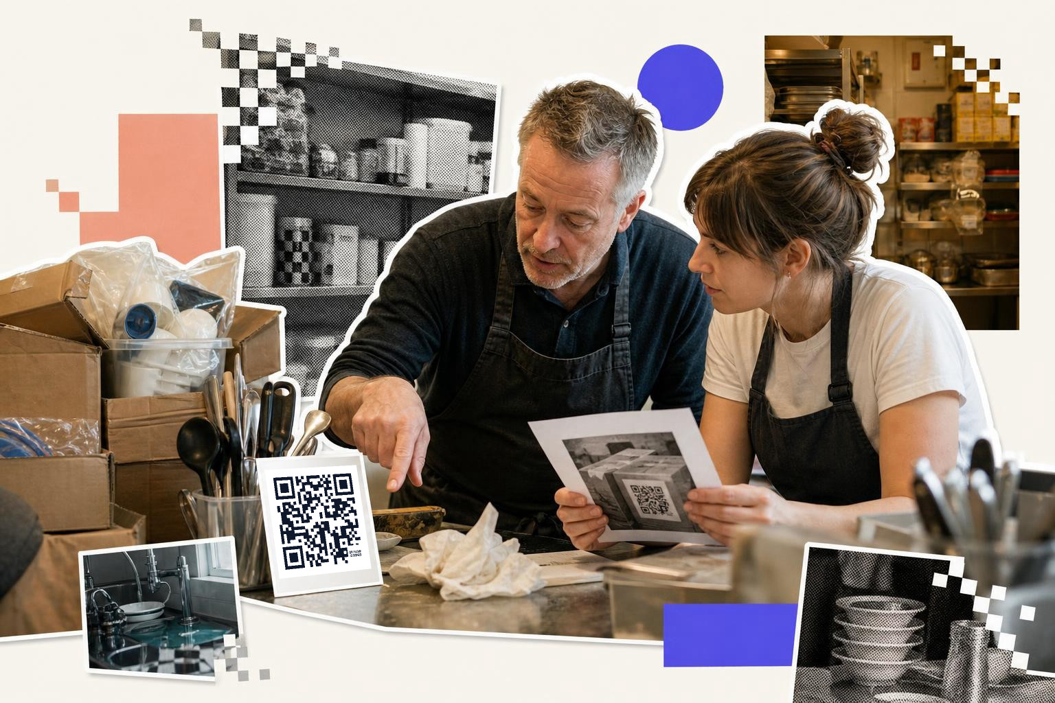 Two people in aprons examine a paper with a QR code in a kitchen setting.