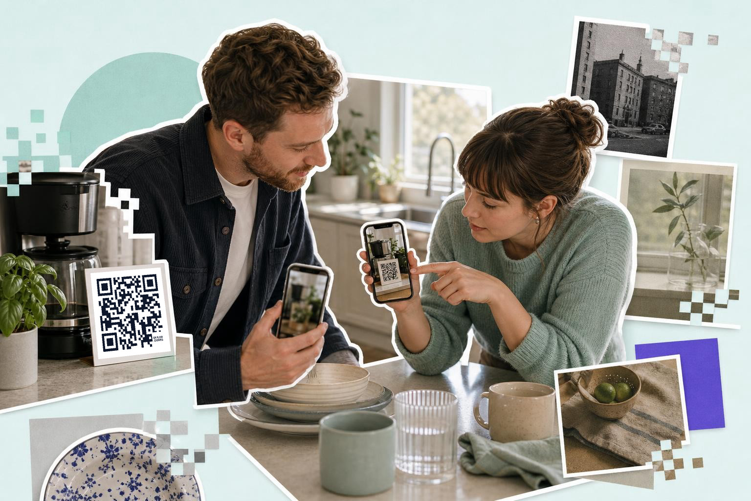 Two people in a kitchen looking at a phone with a QR code, surrounded by photo cut-outs.