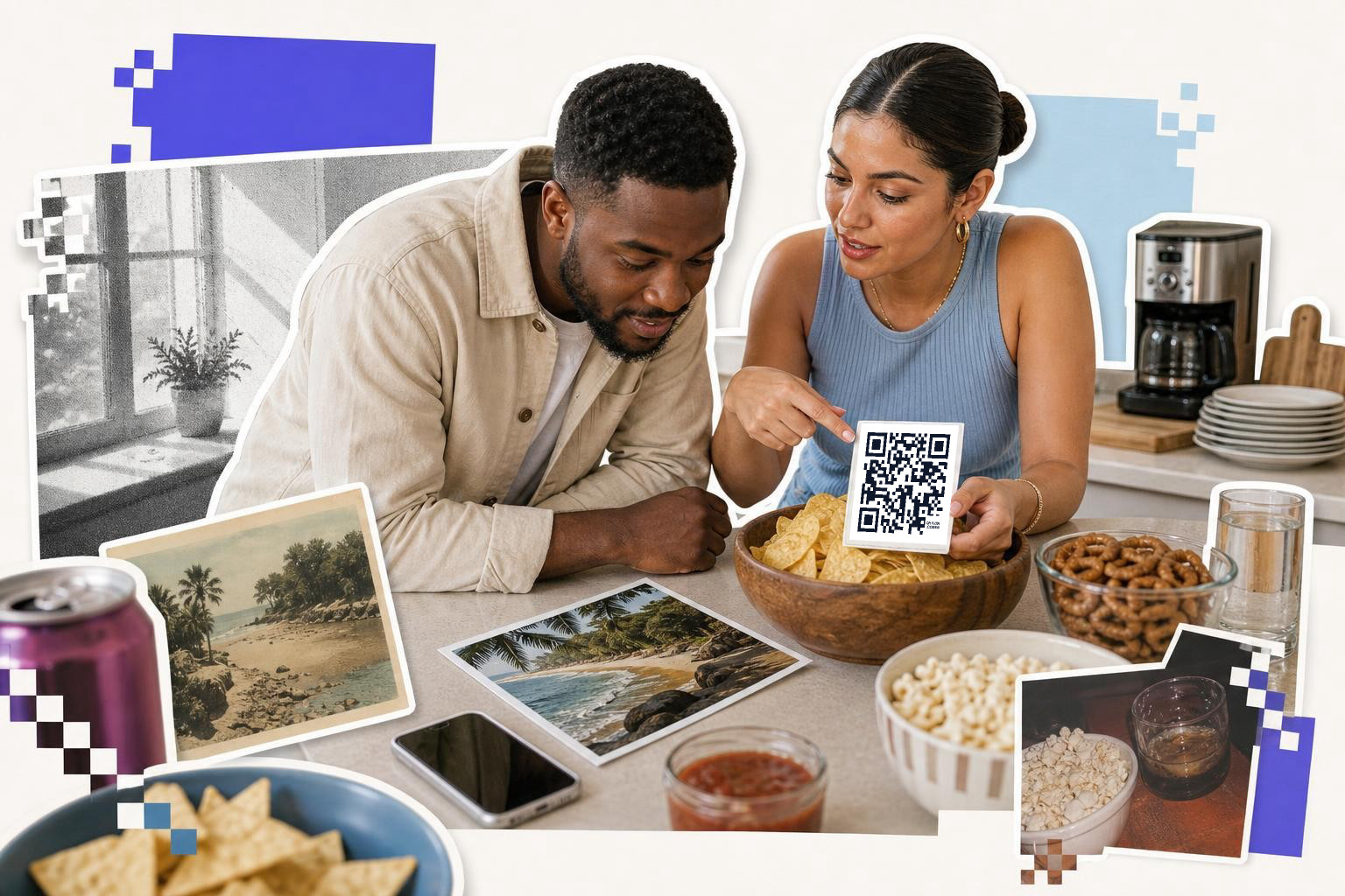 Two people at a table with snacks, one holding a QR code card, in a kitchen setting.