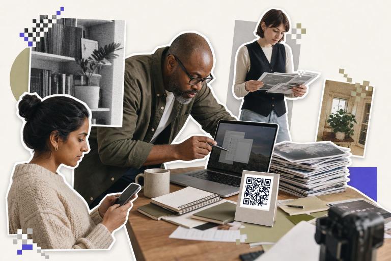 Three people working with a laptop and documents, a QR code card on the table, learning how to open a QR code from a picture.