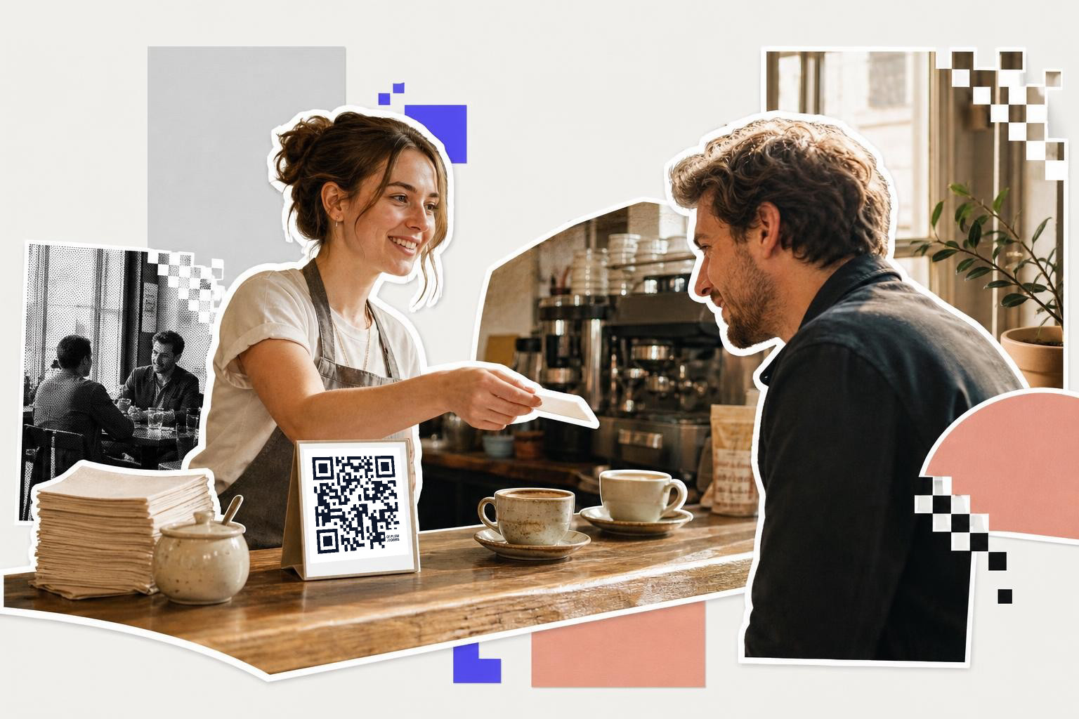 Barista hands a card to a customer at a cafe counter with a QR code displayed.
