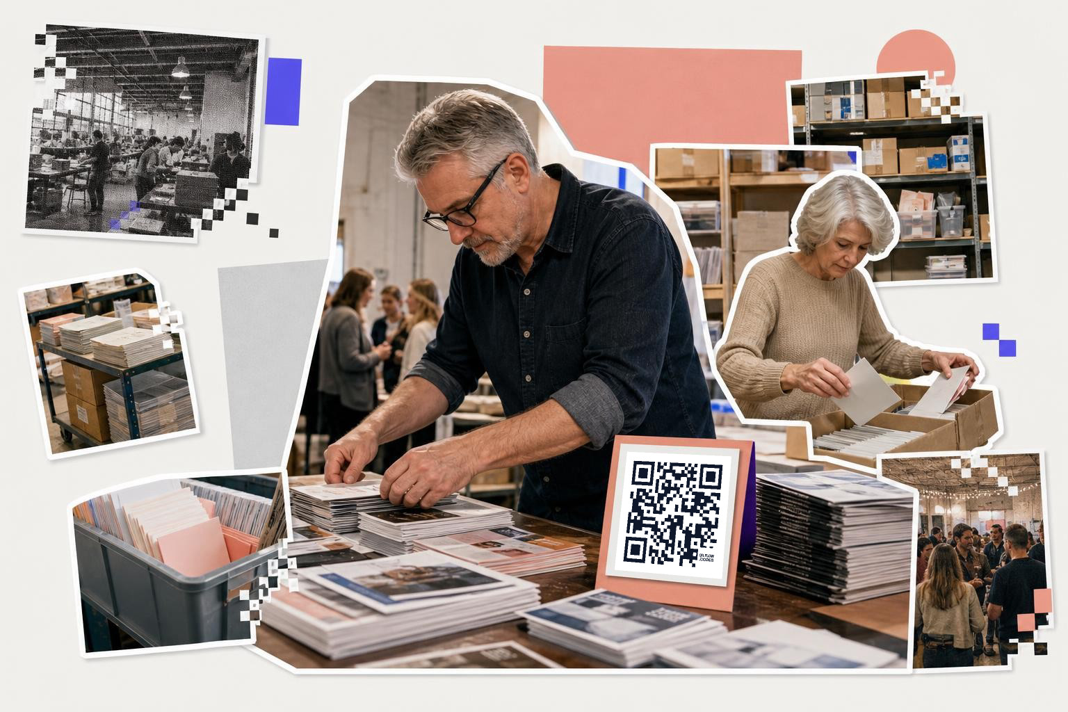 Man and woman sorting papers in a warehouse with a QR code on a table.