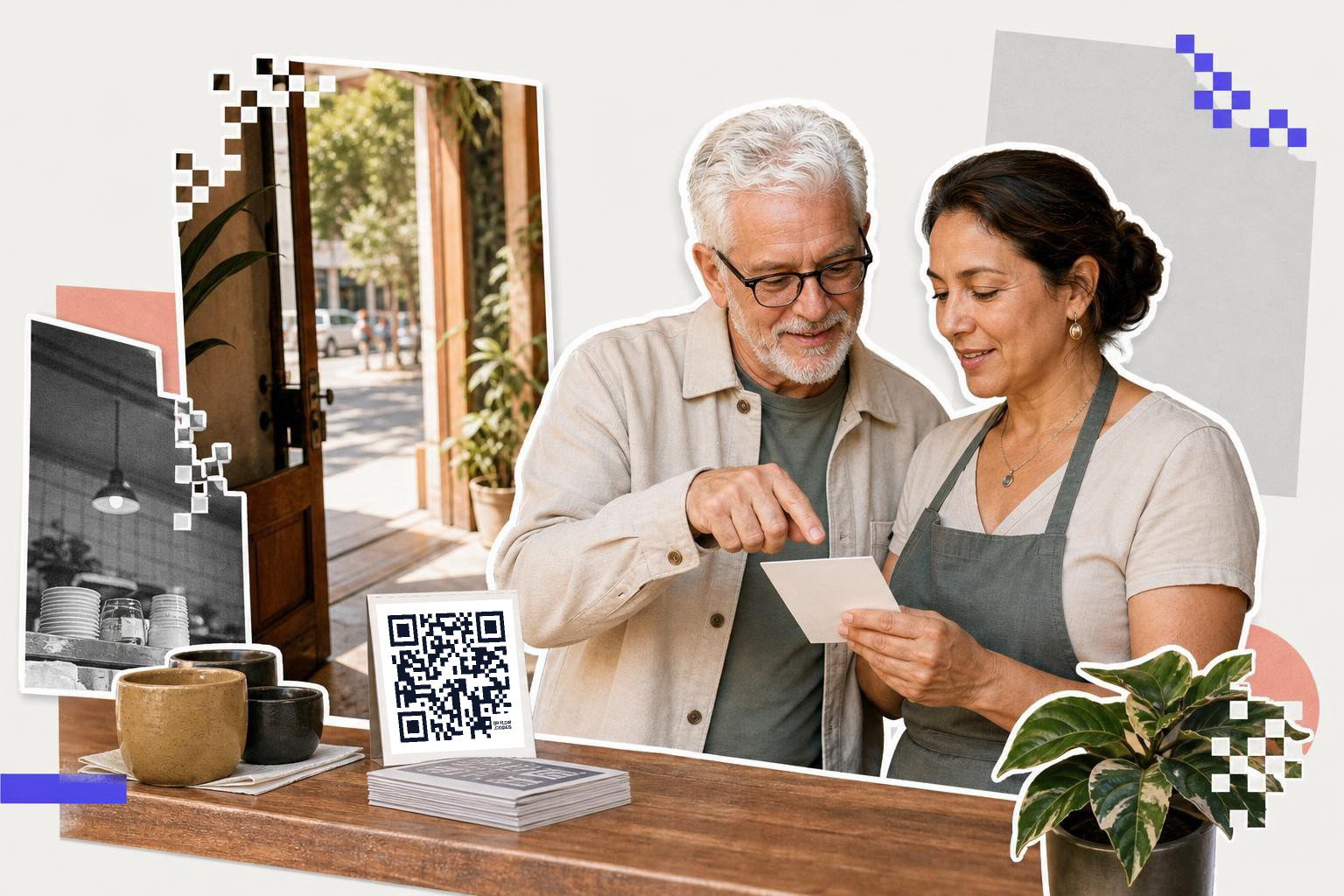 Two people at a cafe counter leaning in to look at a printed QR code card standing beside the till and a tray of pastries