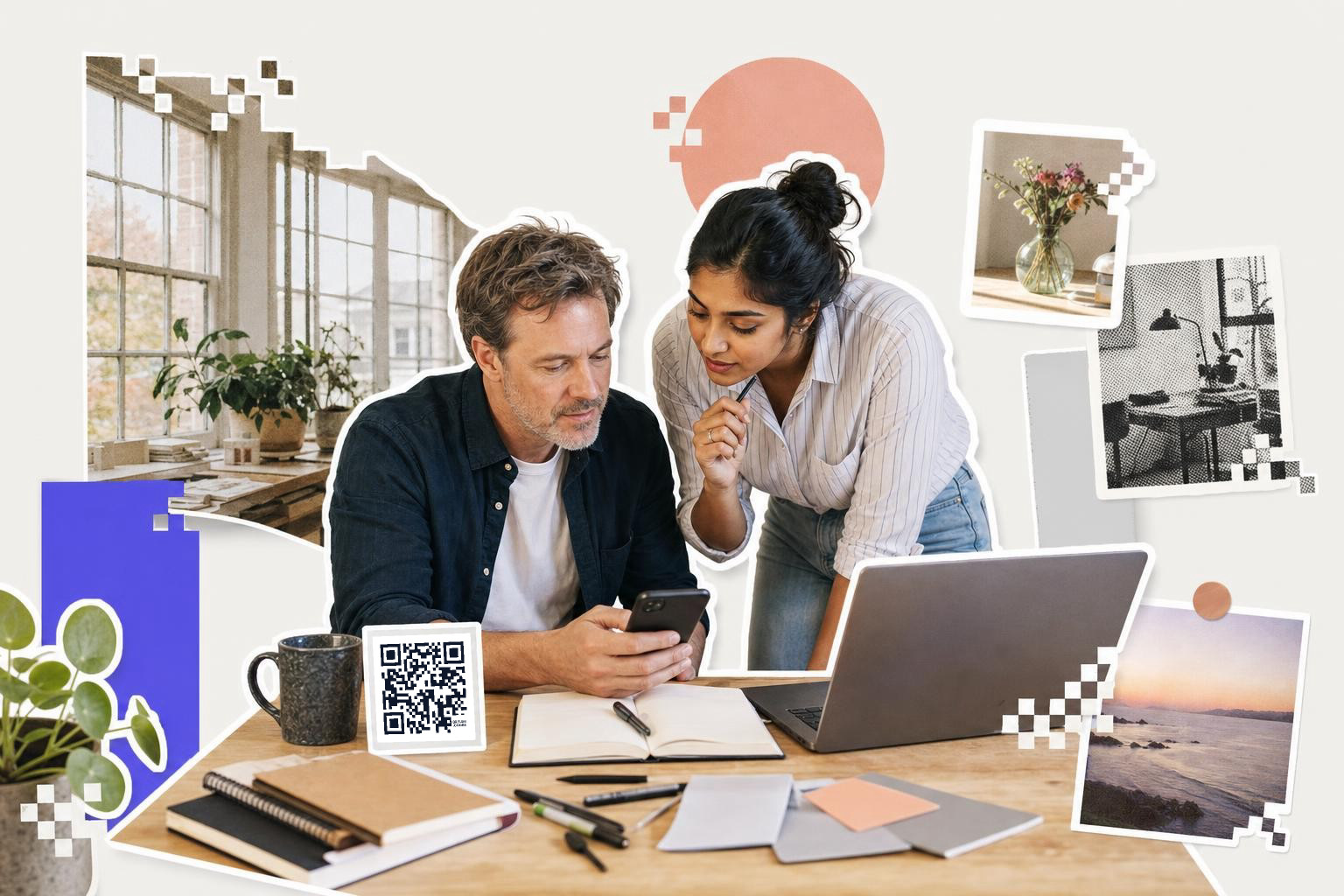Two people at a desk with a laptop and a QR code card discussing how to share a TikTok video.