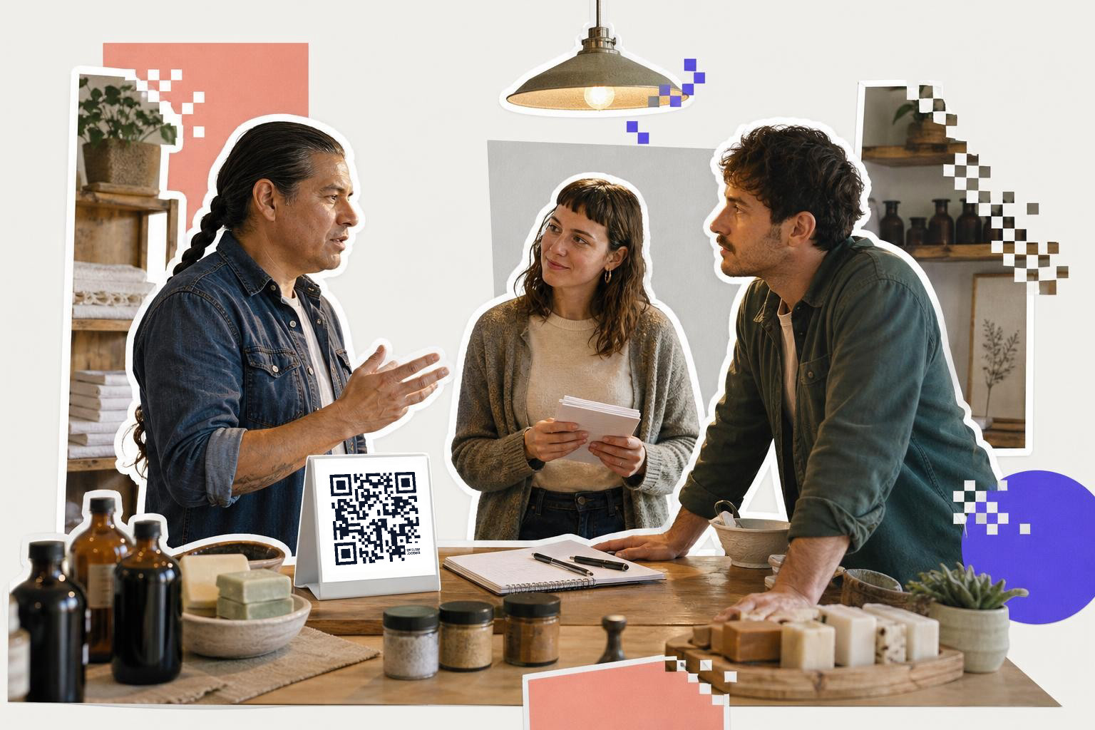 Three people discussing at a table with a QR code card and various bottles and soaps.