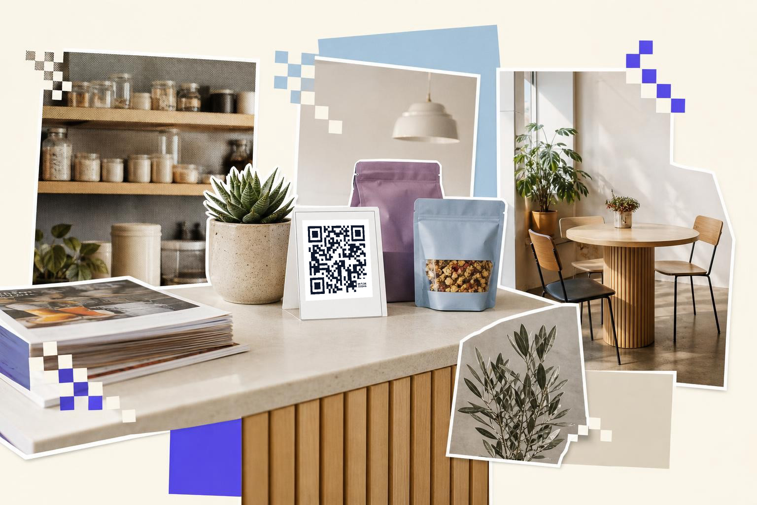 Collage with a QR code card, potted plant, snack bags, books, and a round table with chairs.