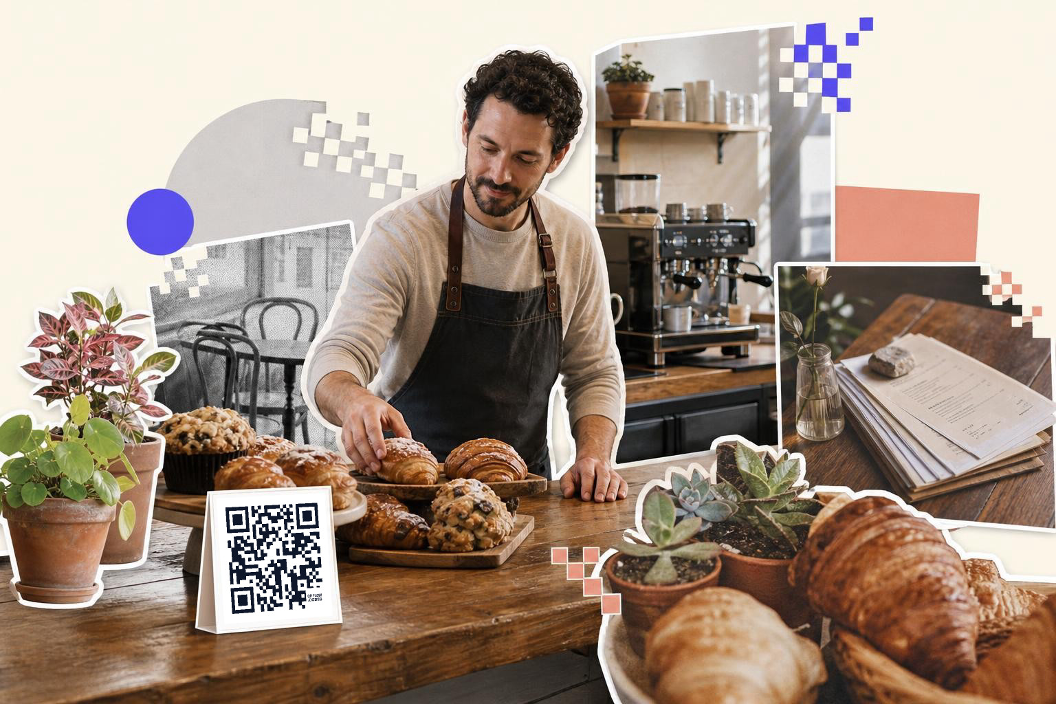 Man in apron arranging pastries on a wooden counter with a QR code card nearby in a cafe.