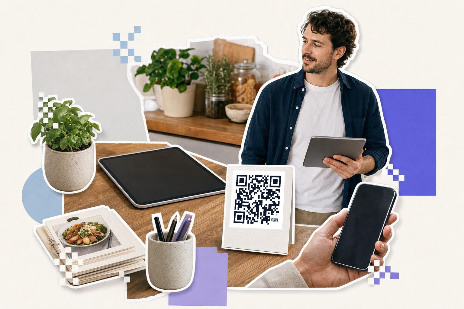 Man holding tablet in kitchen with QR code card, phone, and plants, wondering how to scan a QR code.