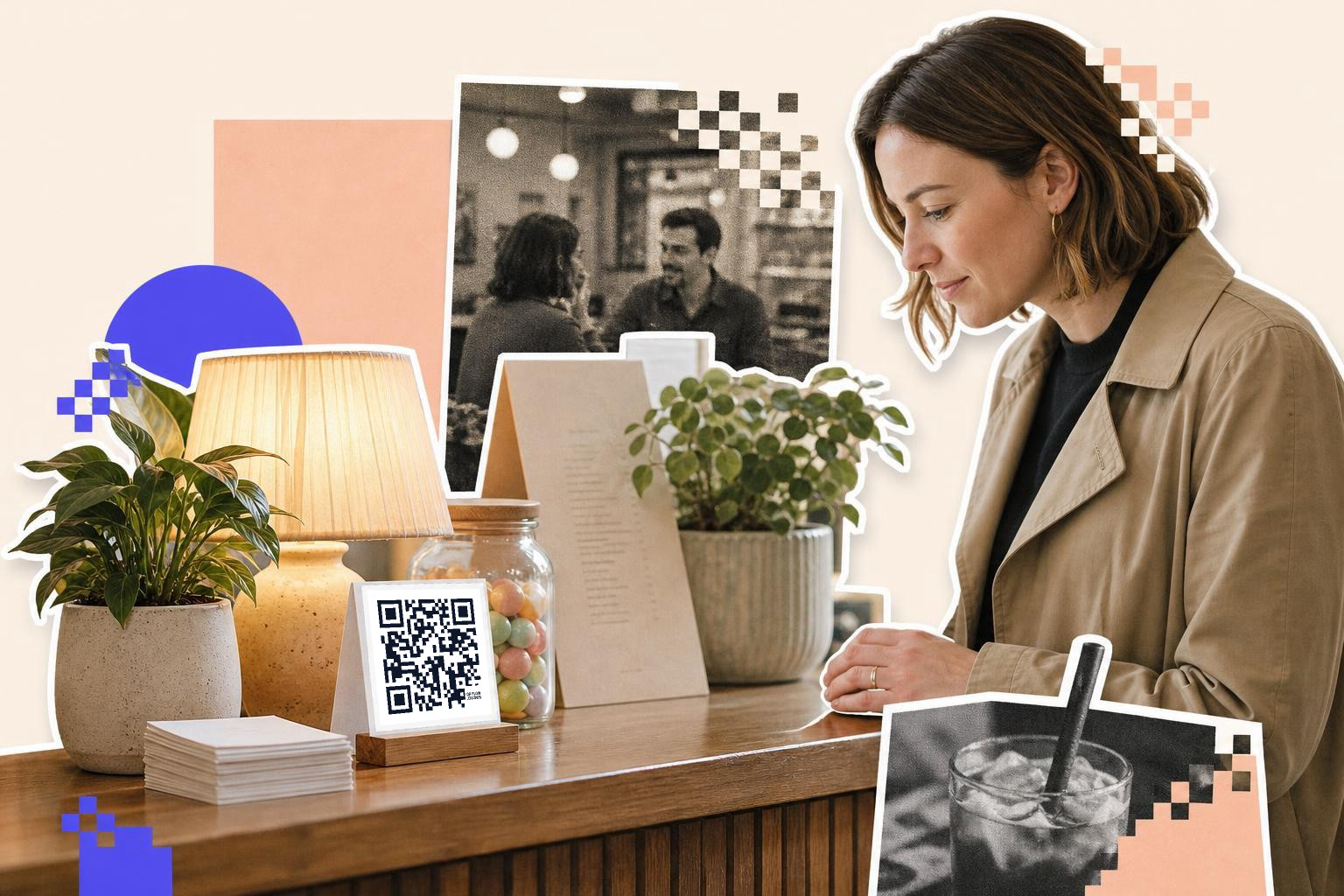 Woman in a coat looks at a QR code on a counter with plants and a lamp.