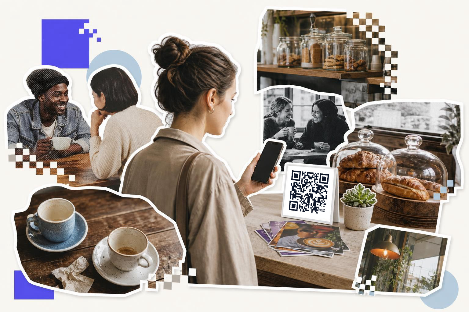 Woman holding phone near table with QR code, coffee cups, pastries, and people chatting in a cafe.