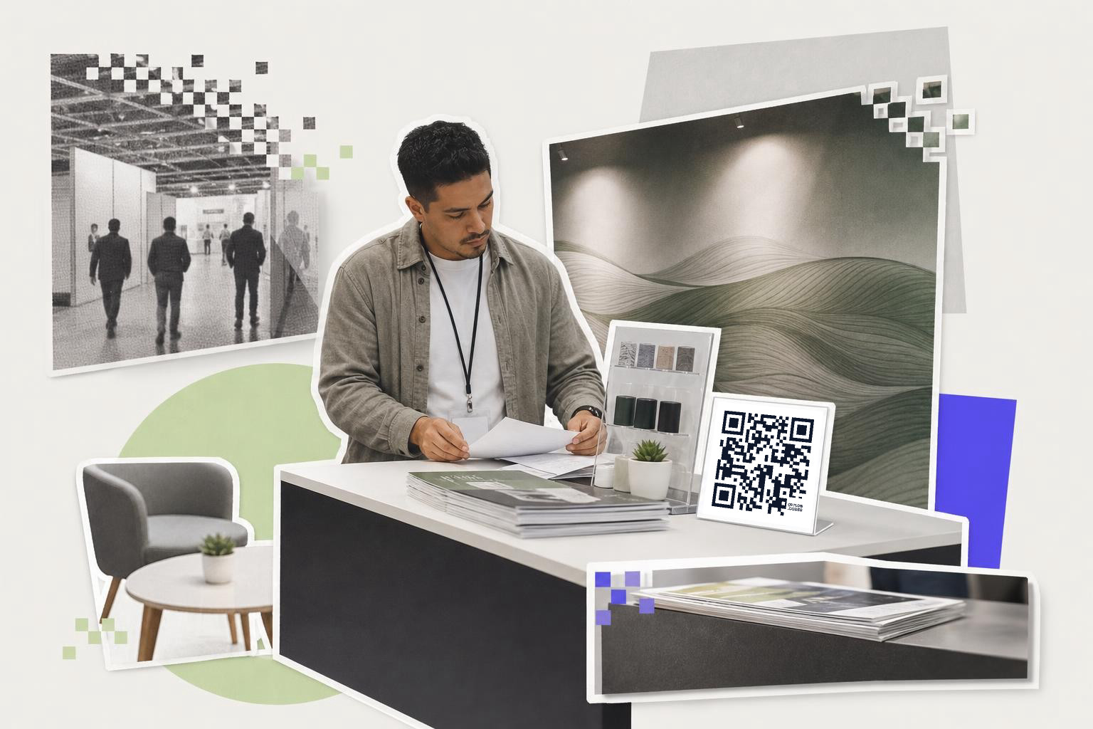 Man at a desk with papers and a QR code sign, surrounded by abstract and pixelated images.