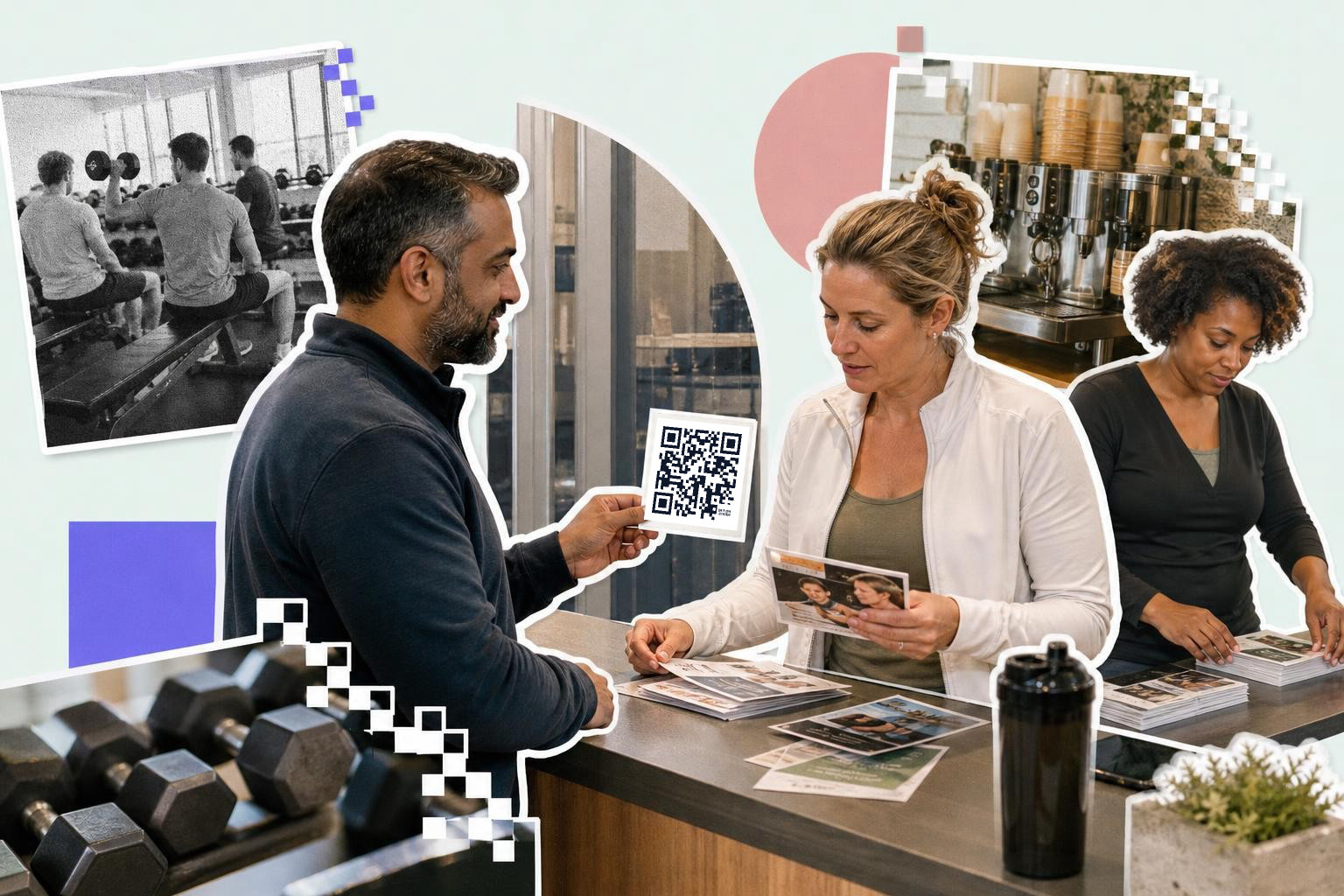 Man hands QR code card to woman at counter with another woman sorting papers nearby.