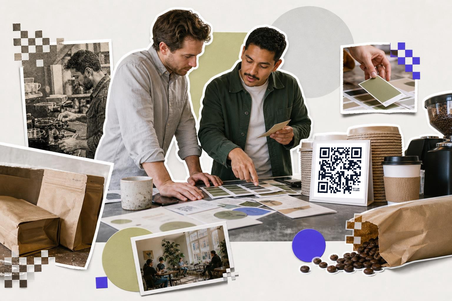 Two men discuss color samples at a table with a QR code card and coffee items nearby.