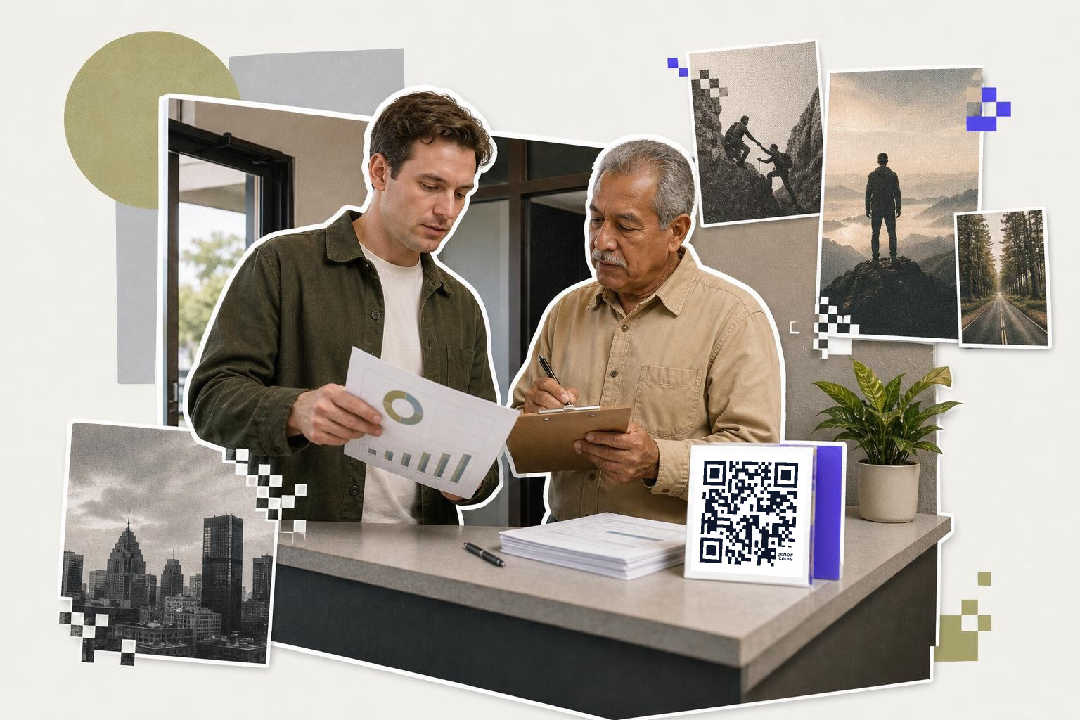 Two men reviewing documents at a counter with a QR code card and various photos around them.