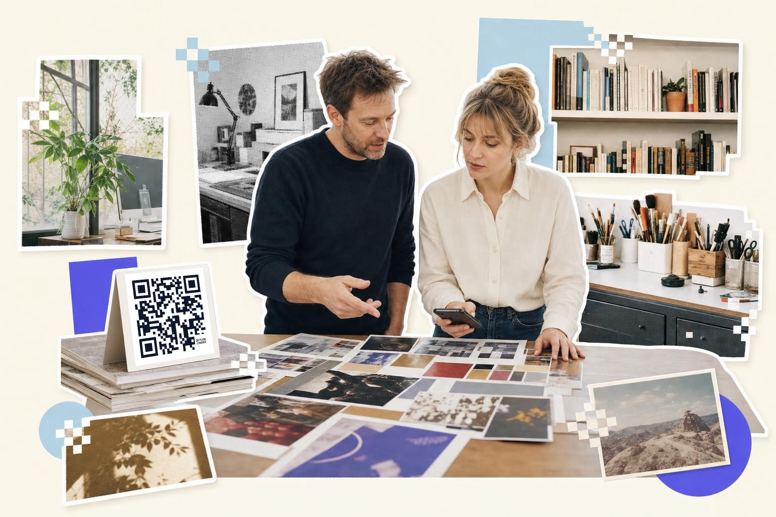 Two people discuss prints on a table with a QR code card labeled best QR code generator for business.