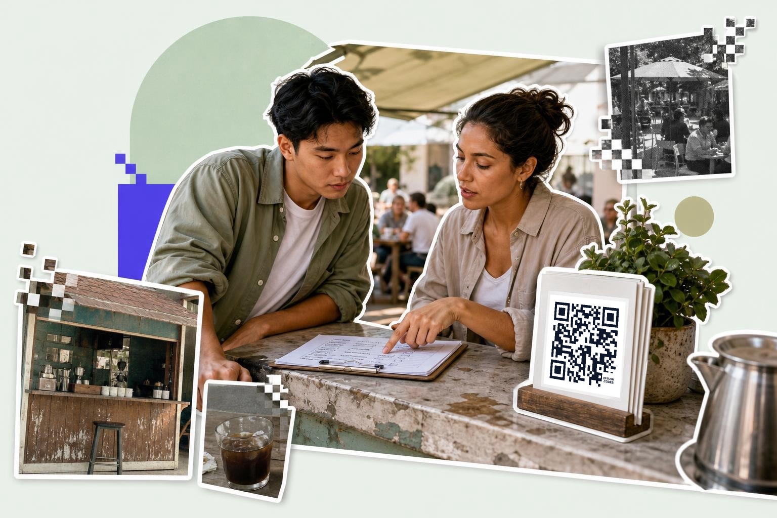 Two people discussing a menu at a cafe table with a QR code stand nearby.