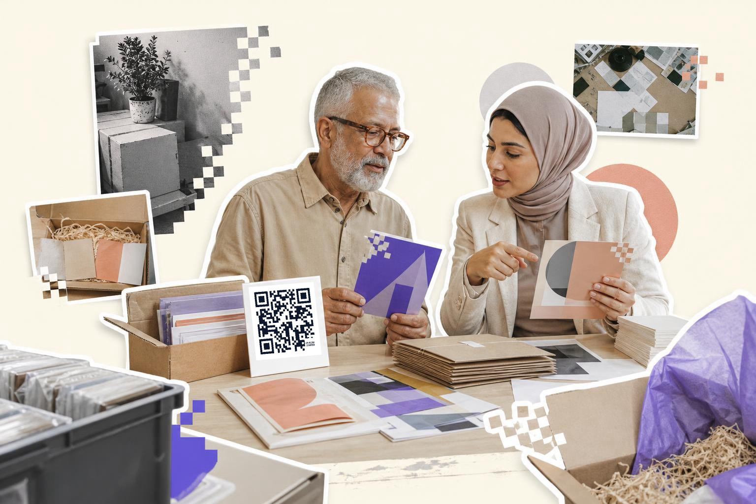 Two people at a table discussing colorful paper designs with a QR code card nearby.