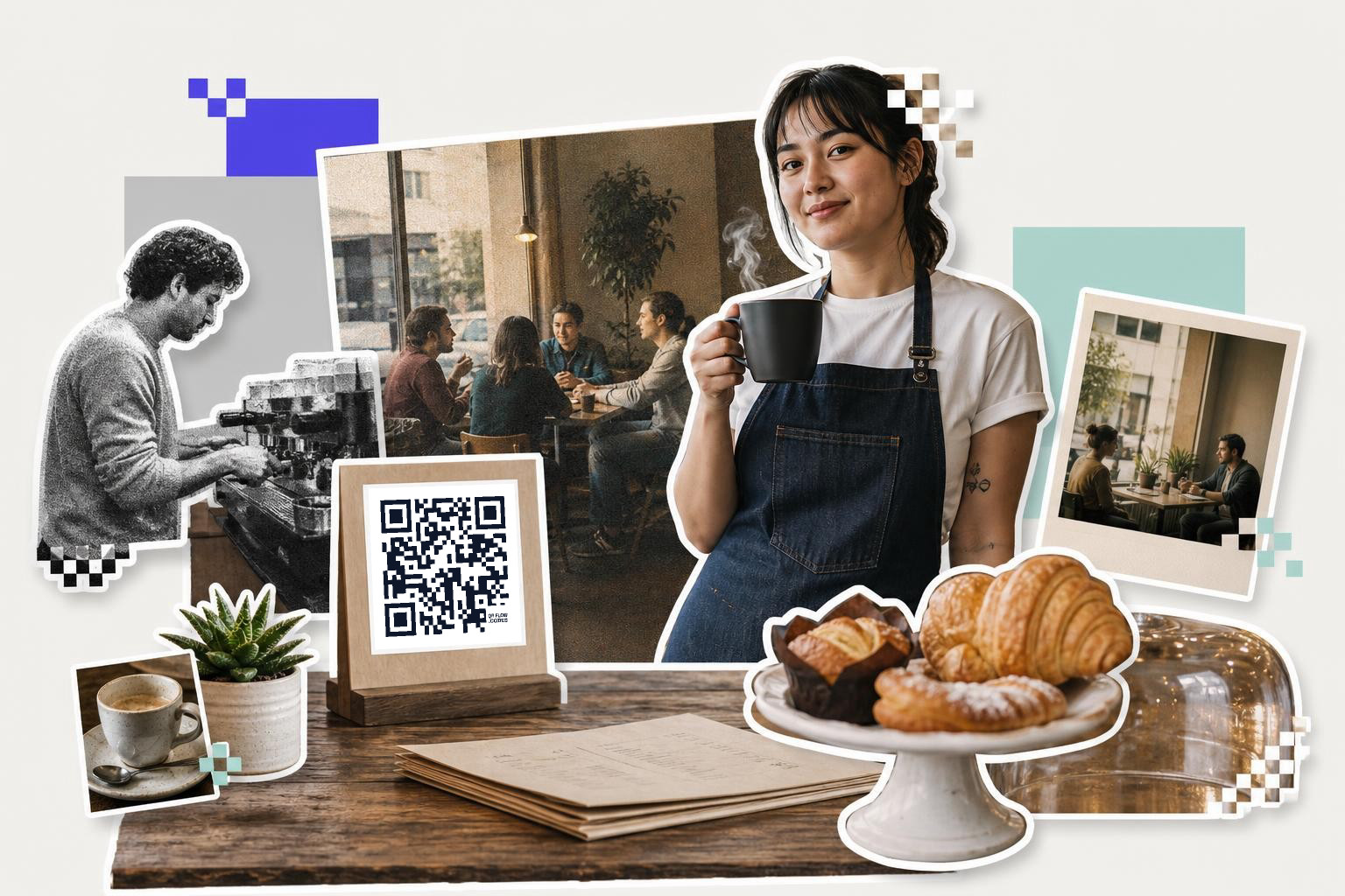 Barista holding a coffee cup, QR code on a wooden stand, pastries on a plate, people in a cafe.
