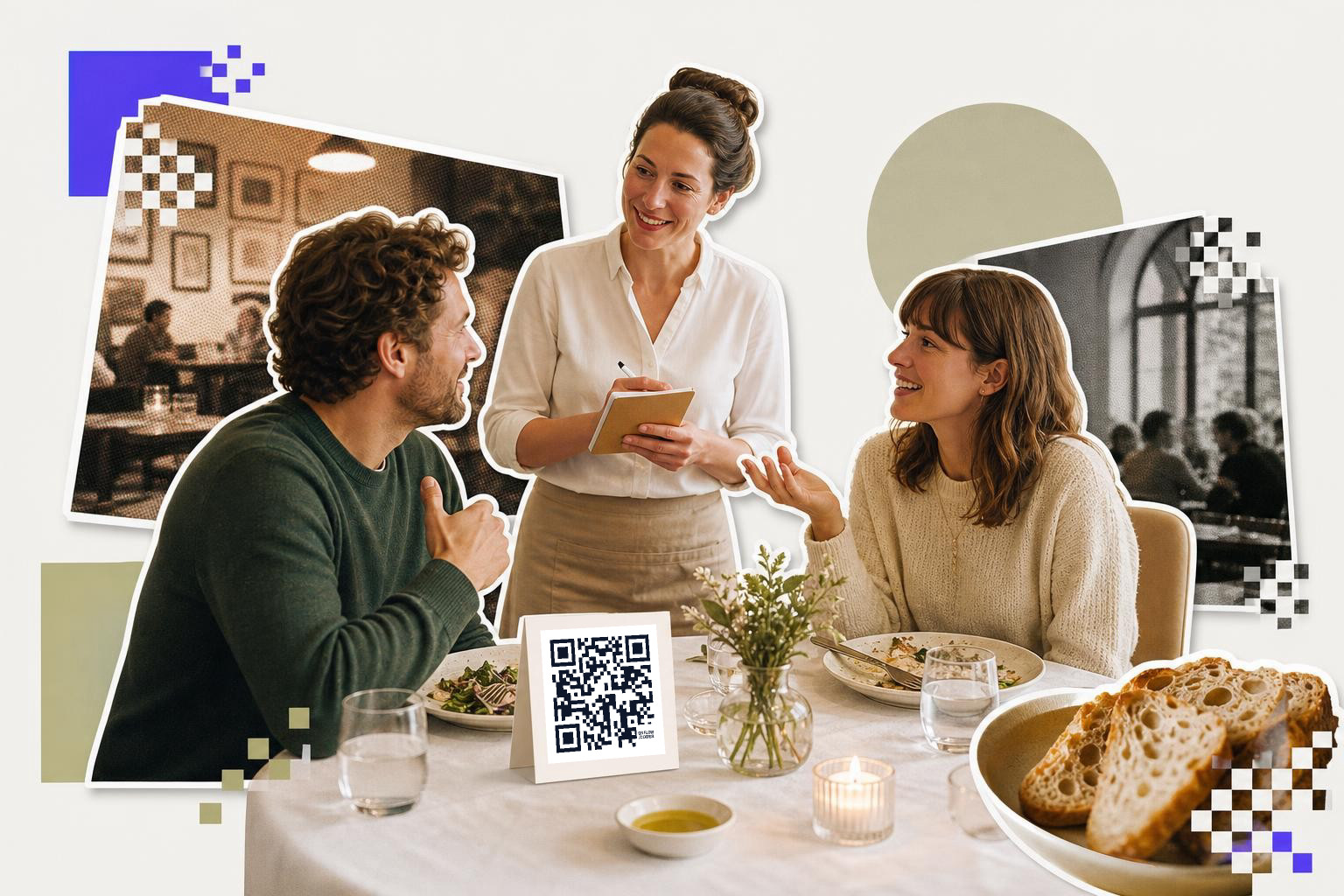 A couple dining at a restaurant table with a QR code card, talking to a waitress.