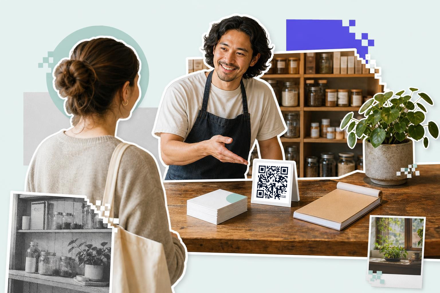 Man in apron gestures to QR code on counter while woman with tote bag listens in shop.