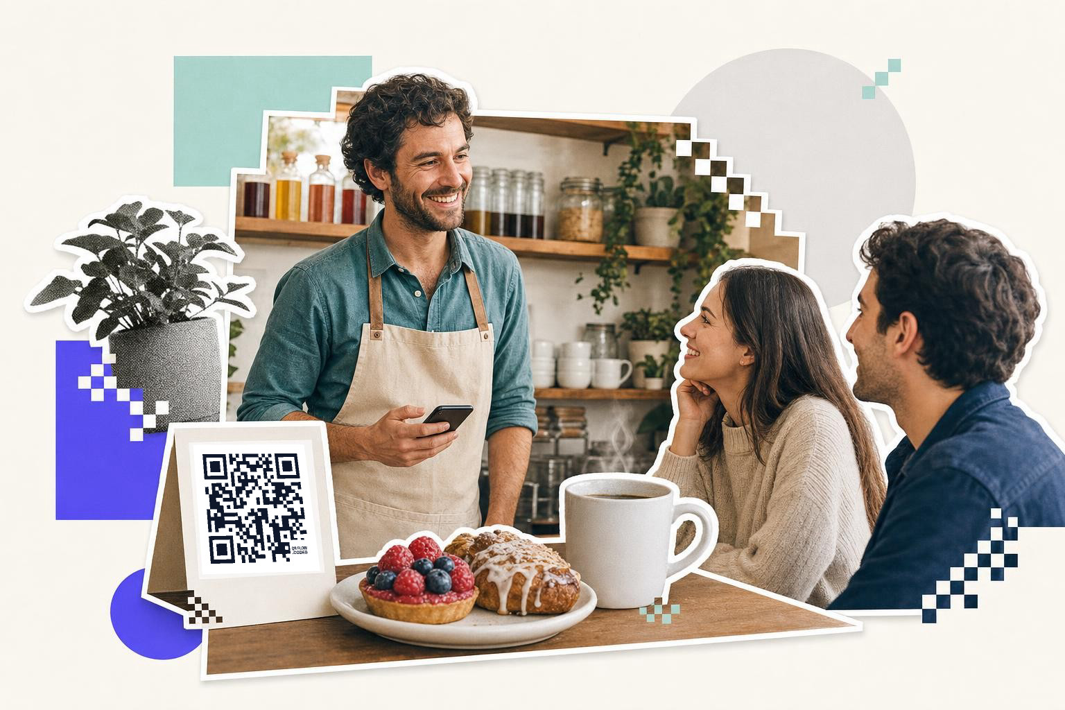 Barista with phone talks to couple at cafe table with pastries and QR code for reviews.