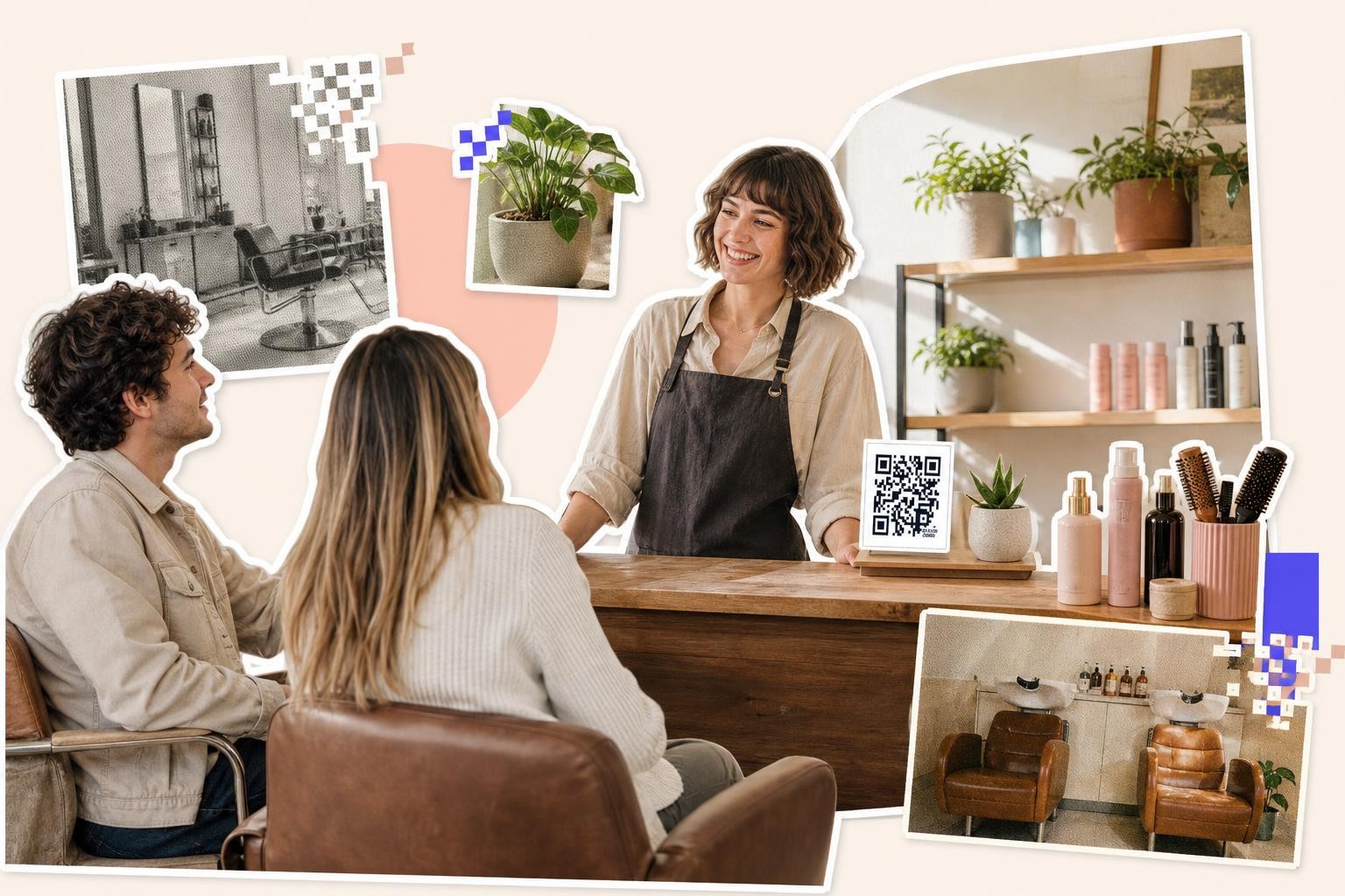 Smiling woman at salon counter with QR code, talking to seated couple, surrounded by plants and salon images.