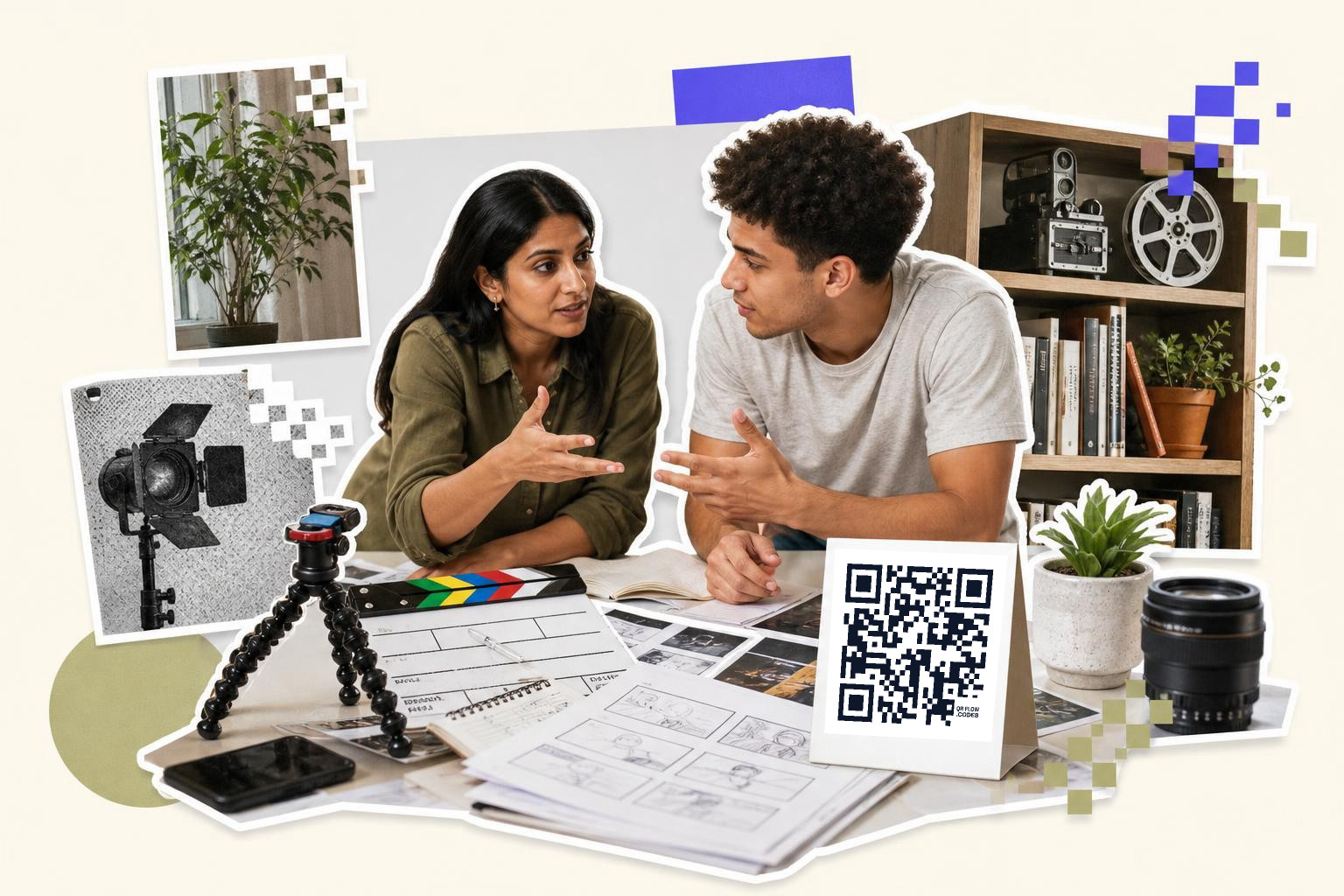 Two people discussing at a table with a QR code card, camera equipment, and bookshelves.