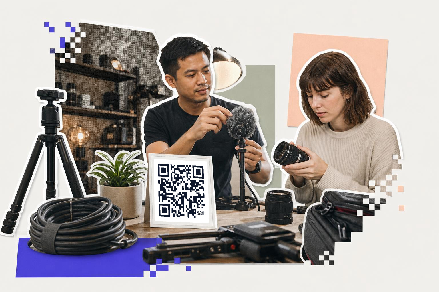 Two people examining camera equipment with a QR code on a table in a studio setting.