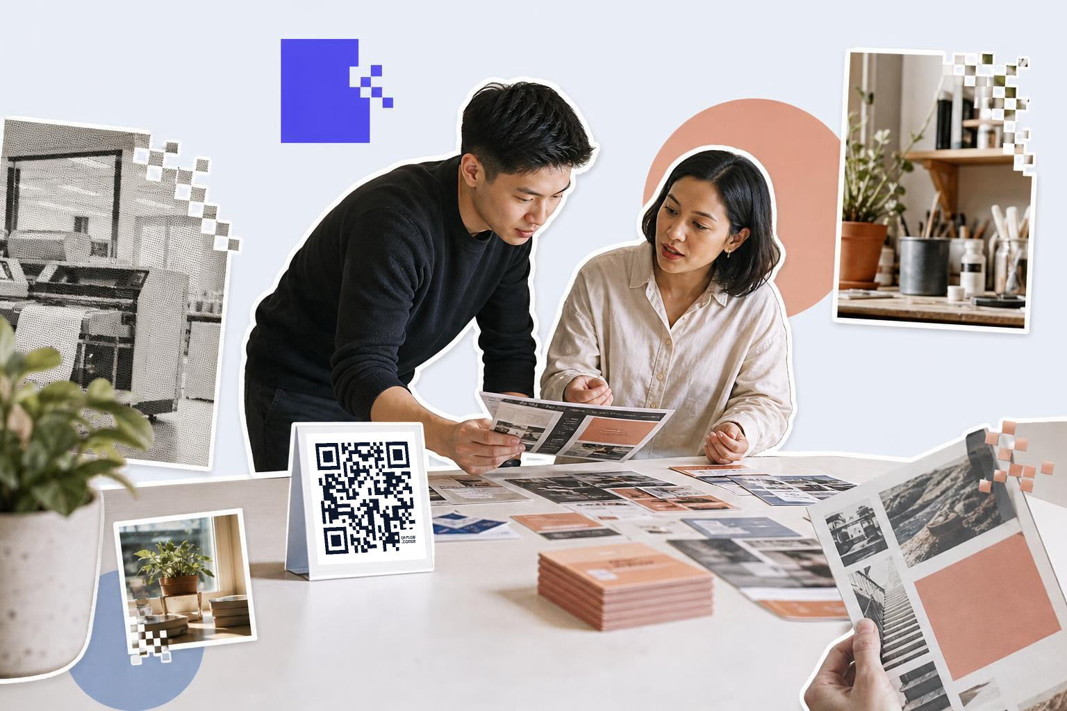 Two people reviewing printed materials on a table with a QR code card displayed prominently.
