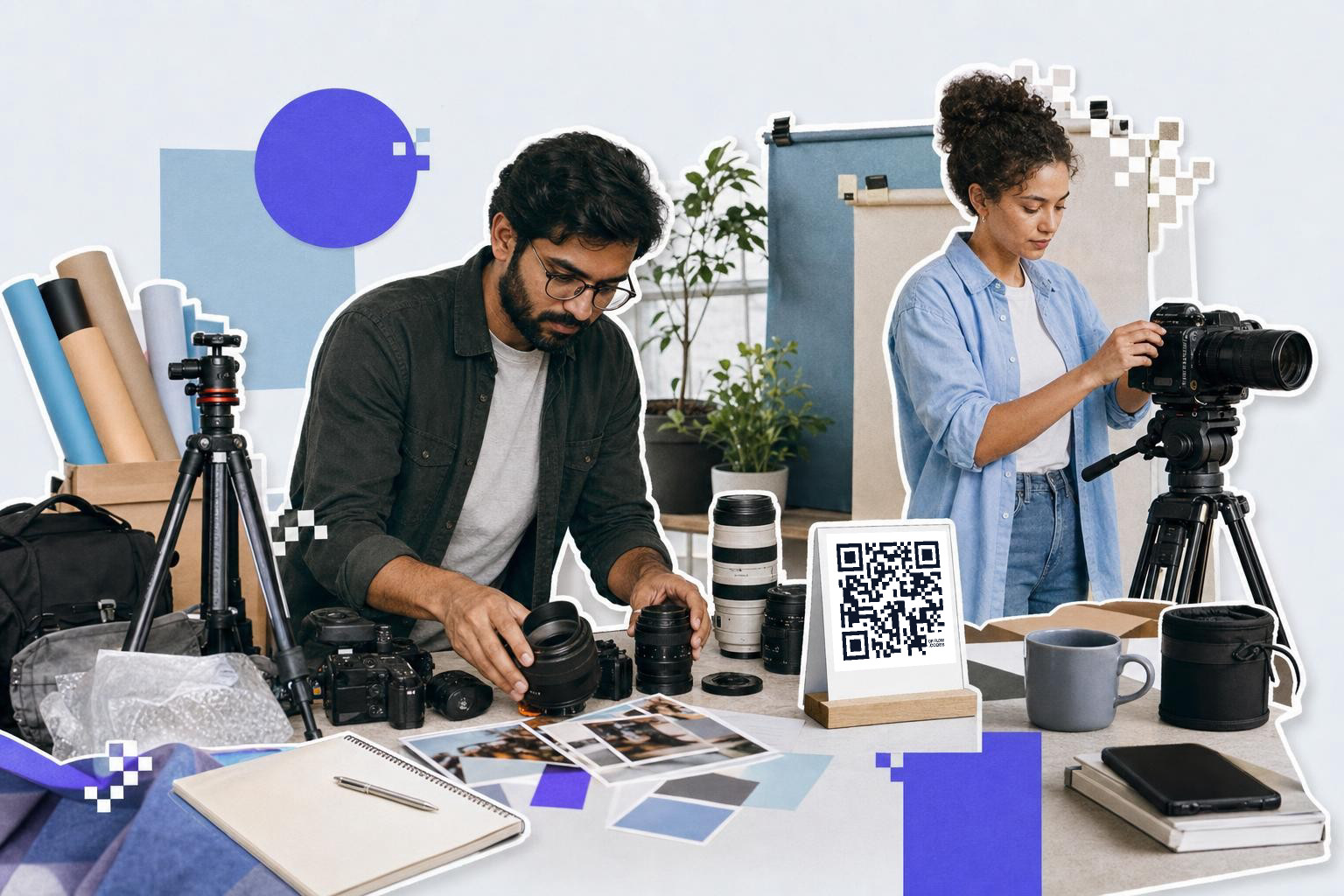 Two people in a studio setting with cameras and a QR code card on the table., how to make a qr code for a video