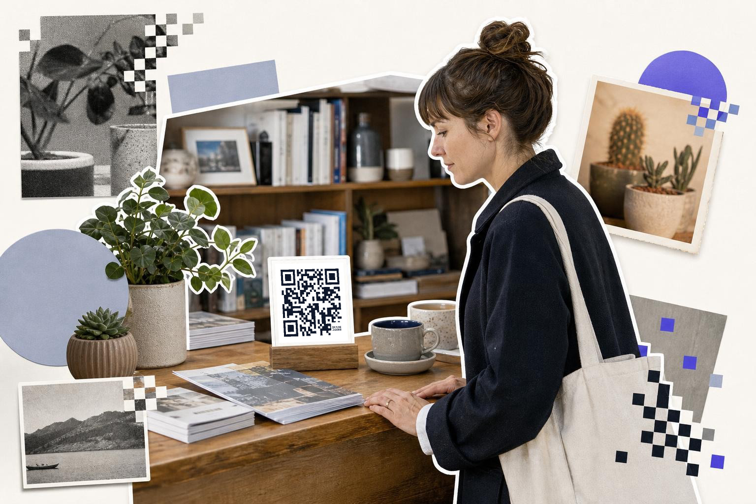 Woman with tote bag looks at books and QR code on wooden counter in a cozy room.