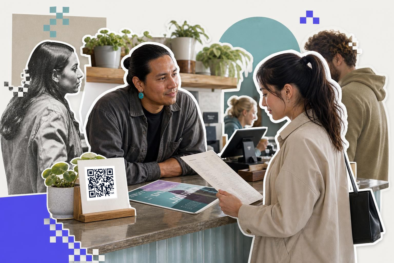 People at a cafe counter with a QR code sign and plants on the counter.