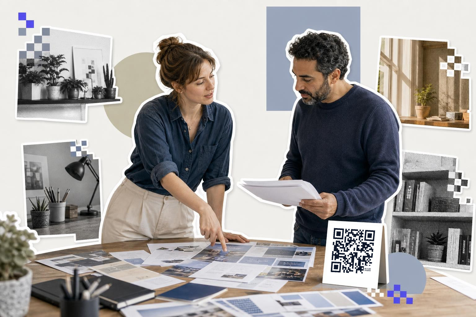 Two people reviewing documents on a table with a QR code card and plant photos around them.
