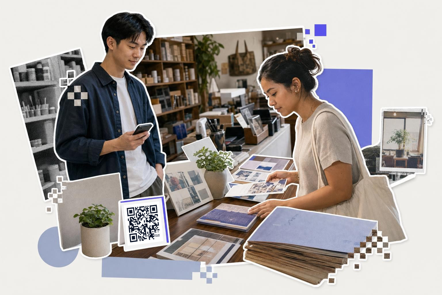 Two people in a store, one holding a phone, the other browsing books, with a QR code for contact details on a table.