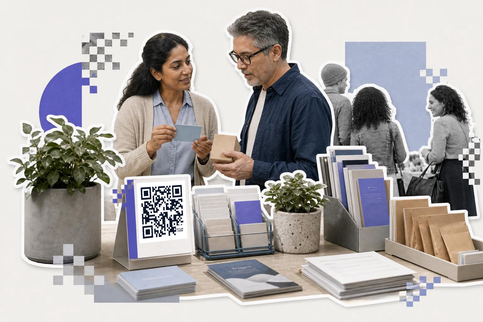 Two people at a table with brochures and a QR code card, discussing something together.