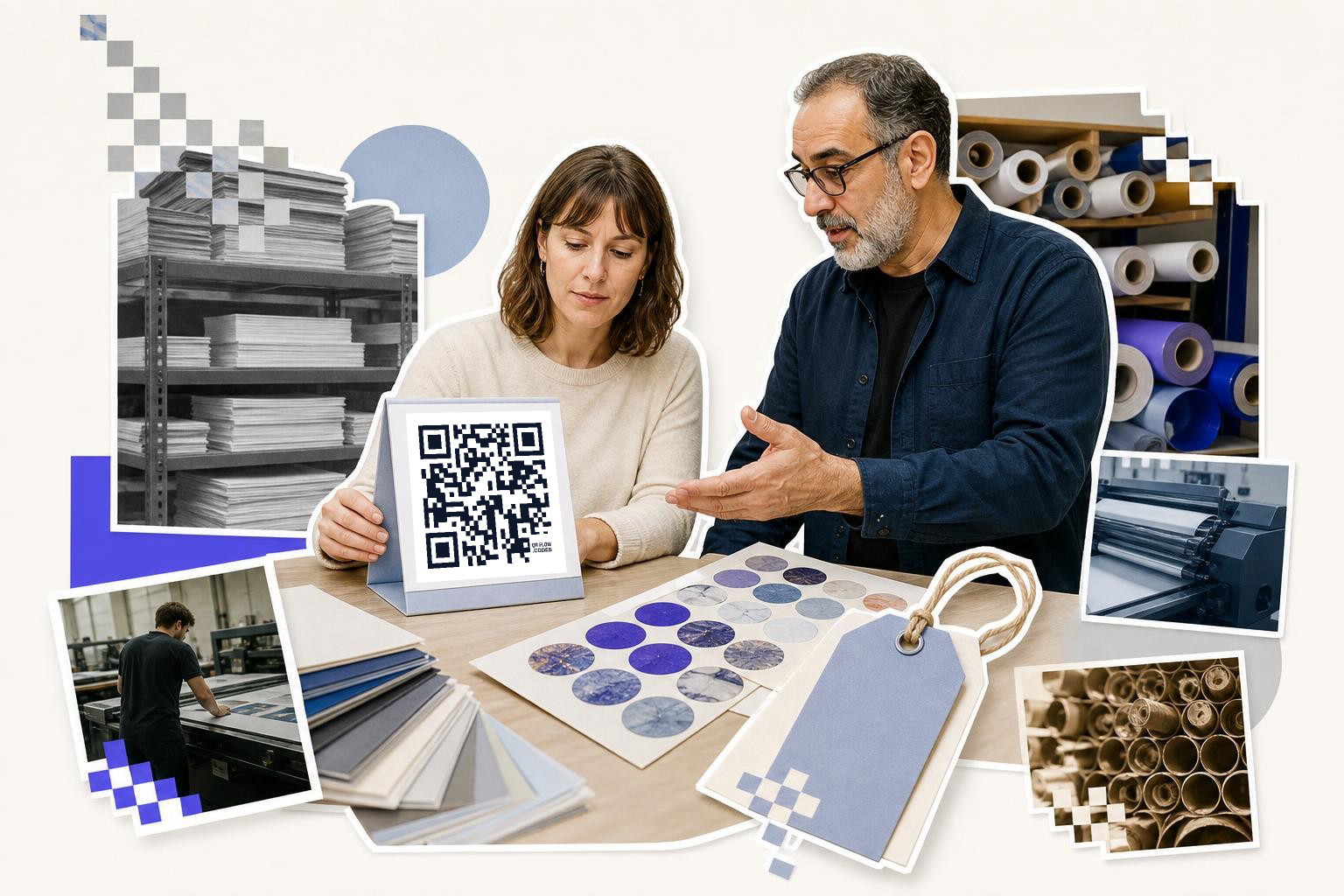 Two people at a table with a QR code card and paper samples, surrounded by printing materials.