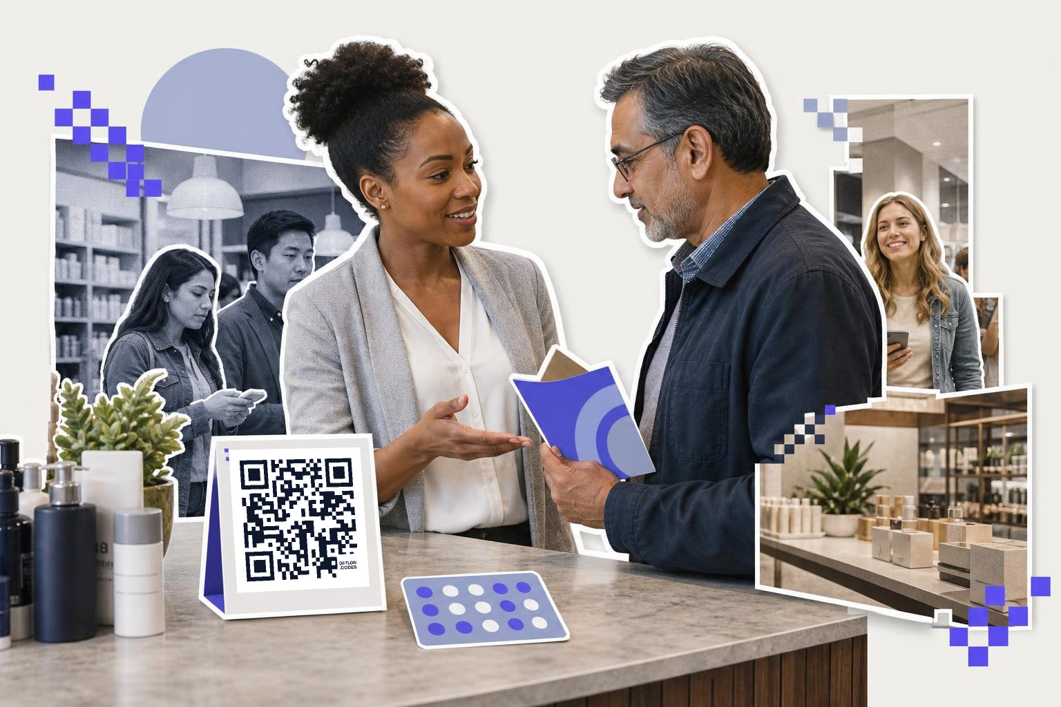 Two people talking at a counter with a QR code card and various products displayed.