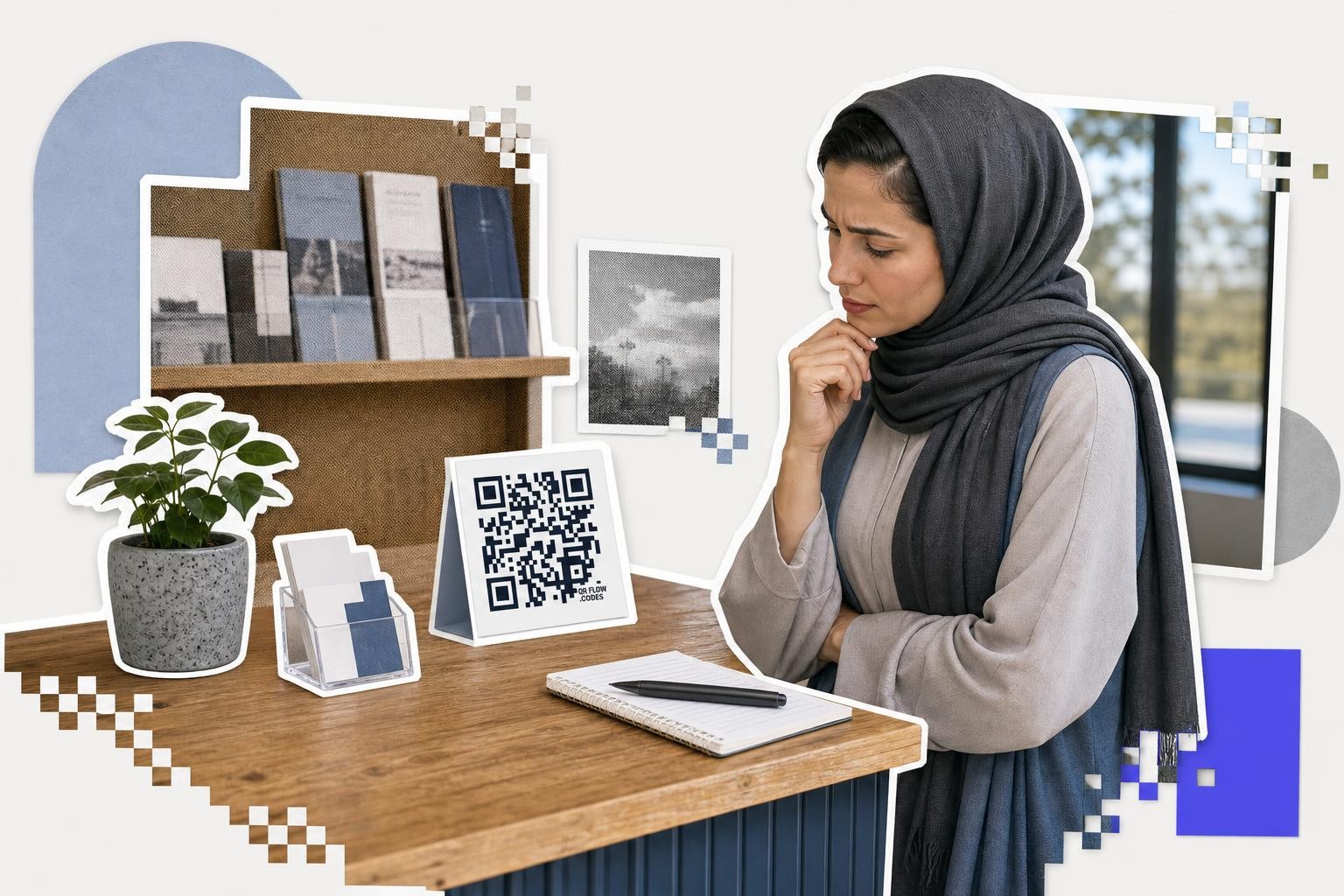 Woman in headscarf pondering at a desk with a QR code card and books on a shelf.