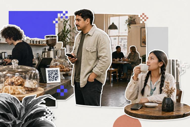 People in a cafe, one holding a phone, another drinking coffee, qr code with transparent background on counter.