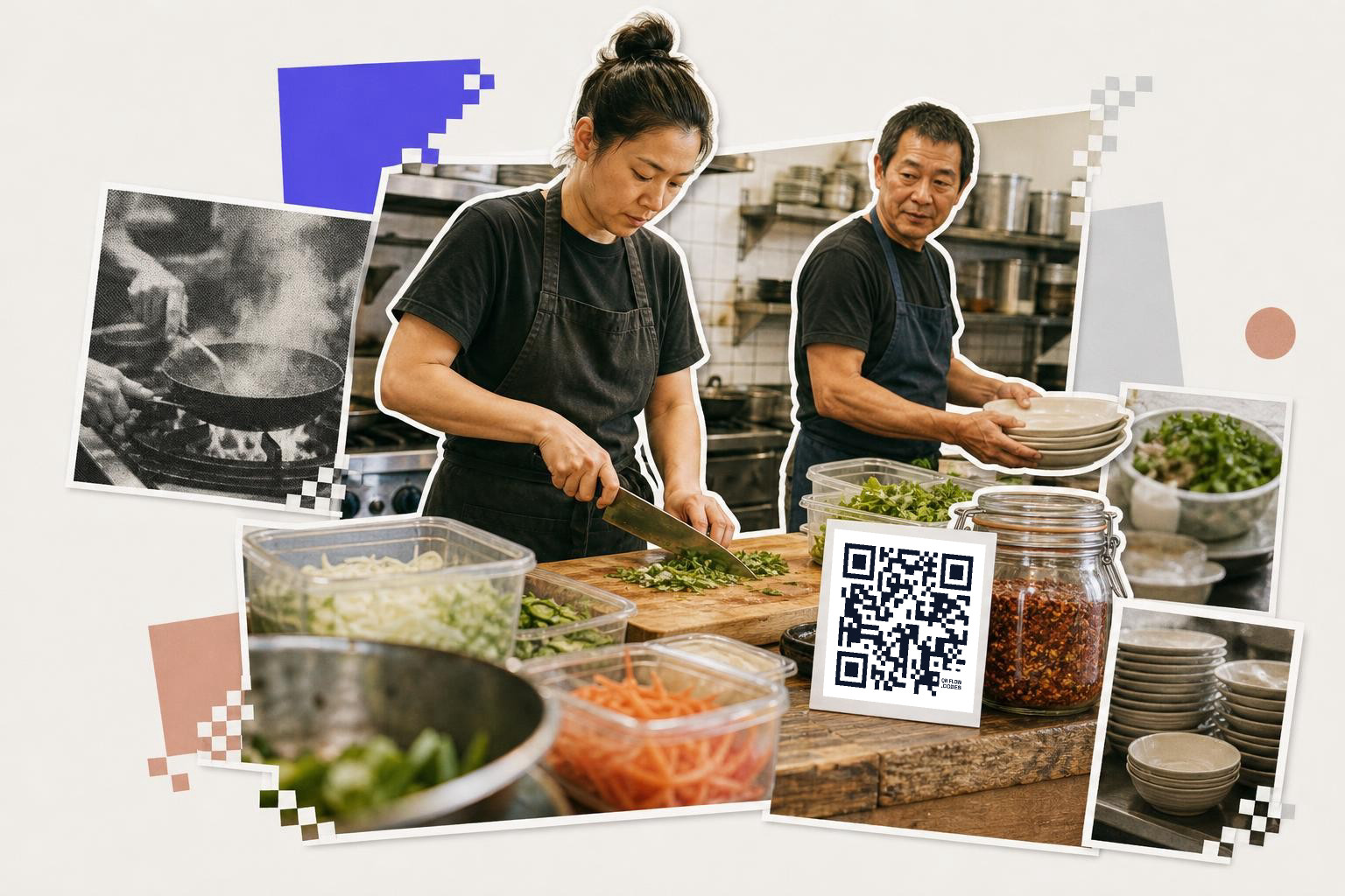 Two people in a kitchen, one chopping herbs, the other holding plates, with a QR code nearby.
