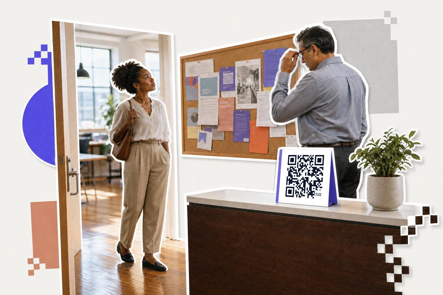 Two people in an office, one reading a bulletin board, with a QR code on a counter.
