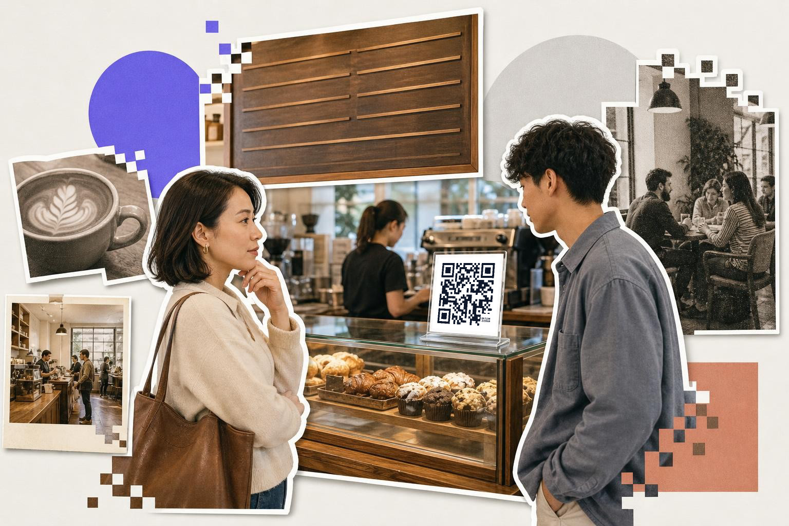 Two people stand by a cafe counter with a QR code sign, surrounded by coffee-themed images.