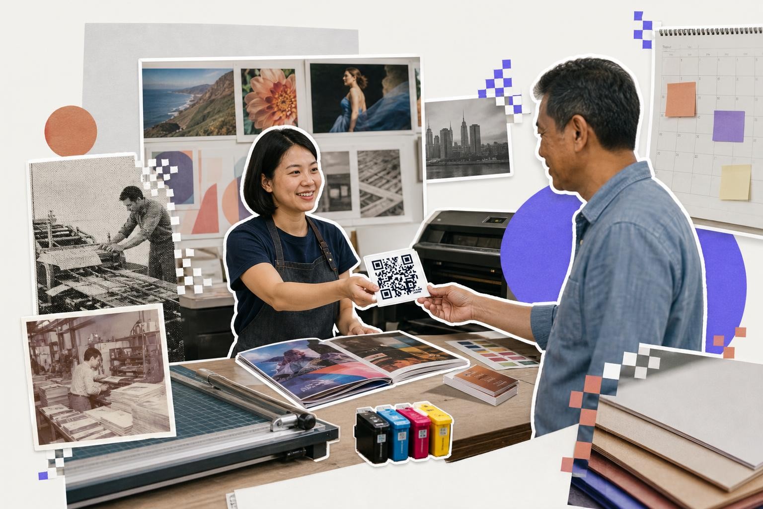 Woman hands QR code card to man in print shop with photos and calendar on walls.