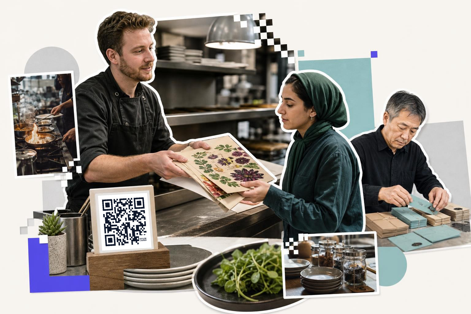 Chef hands botanical prints to a woman in a kitchen with a QR code on the counter.