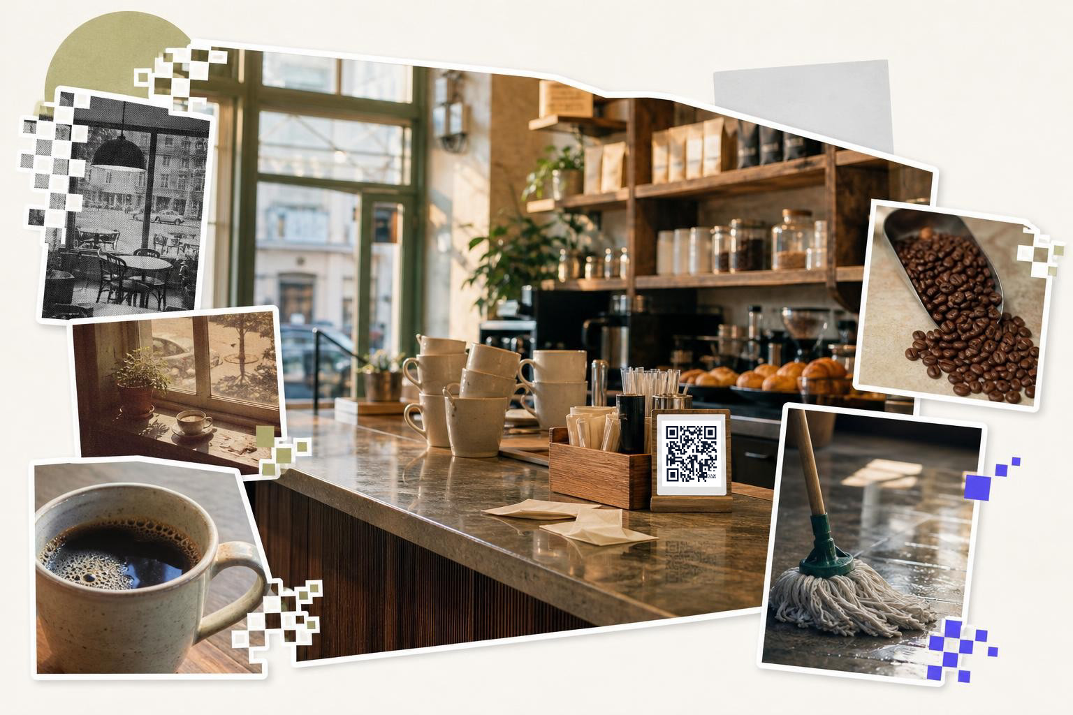 Coffee shop counter with cups, QR code, and various coffee-related images around it.