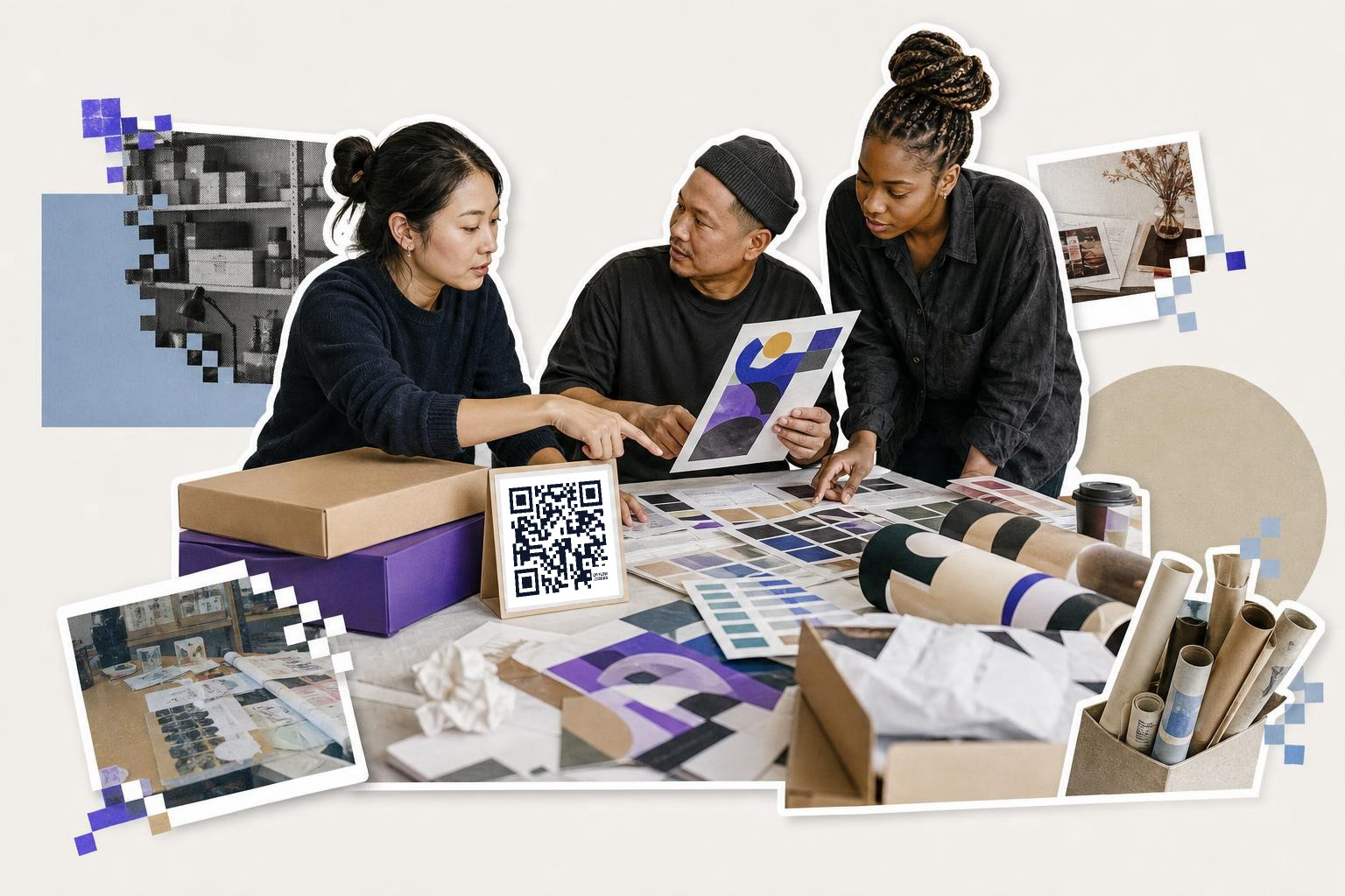 Three people discussing design samples at a table with a QR code card and various materials.