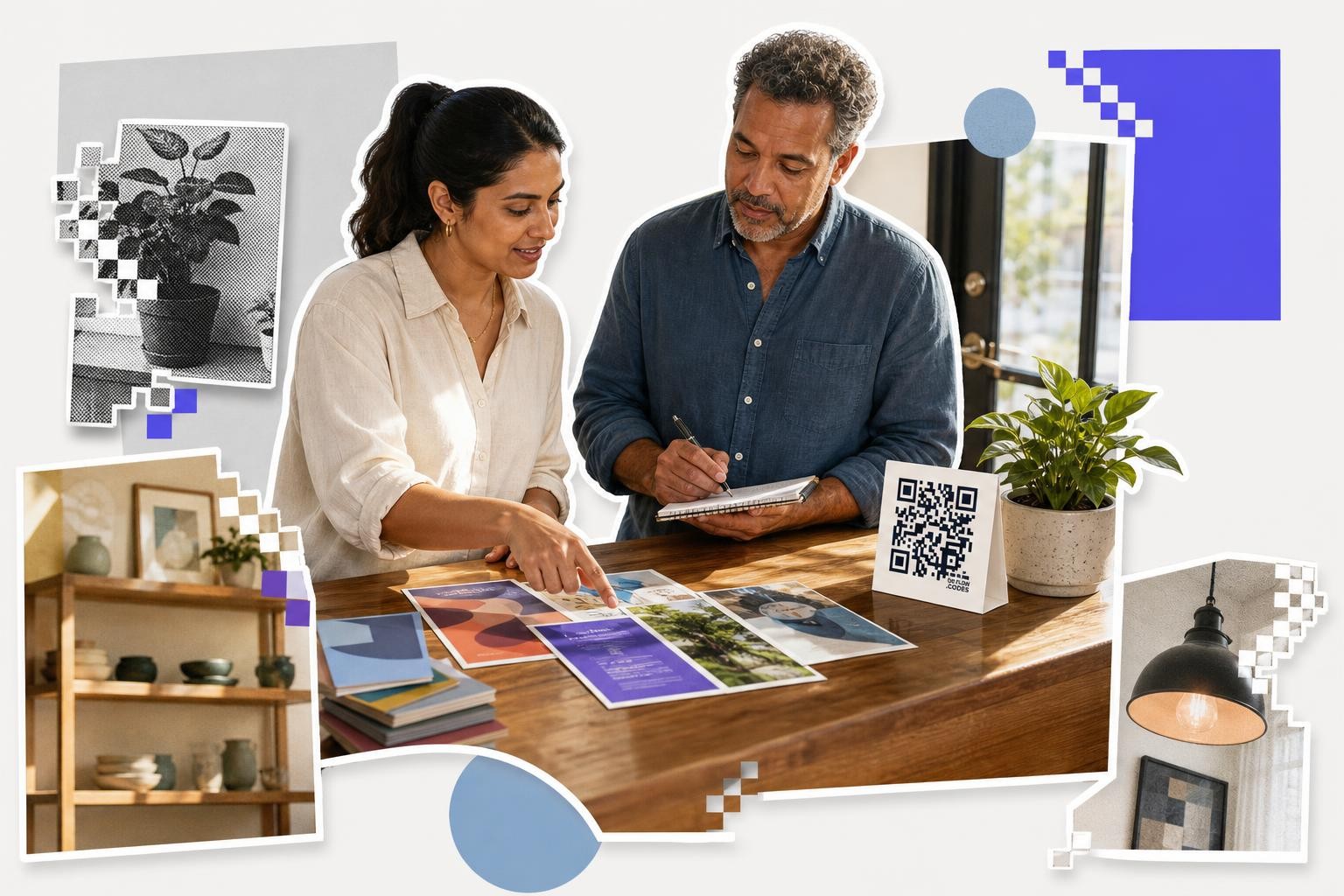 Two people discussing documents at a table with a QR code card and a potted plant.