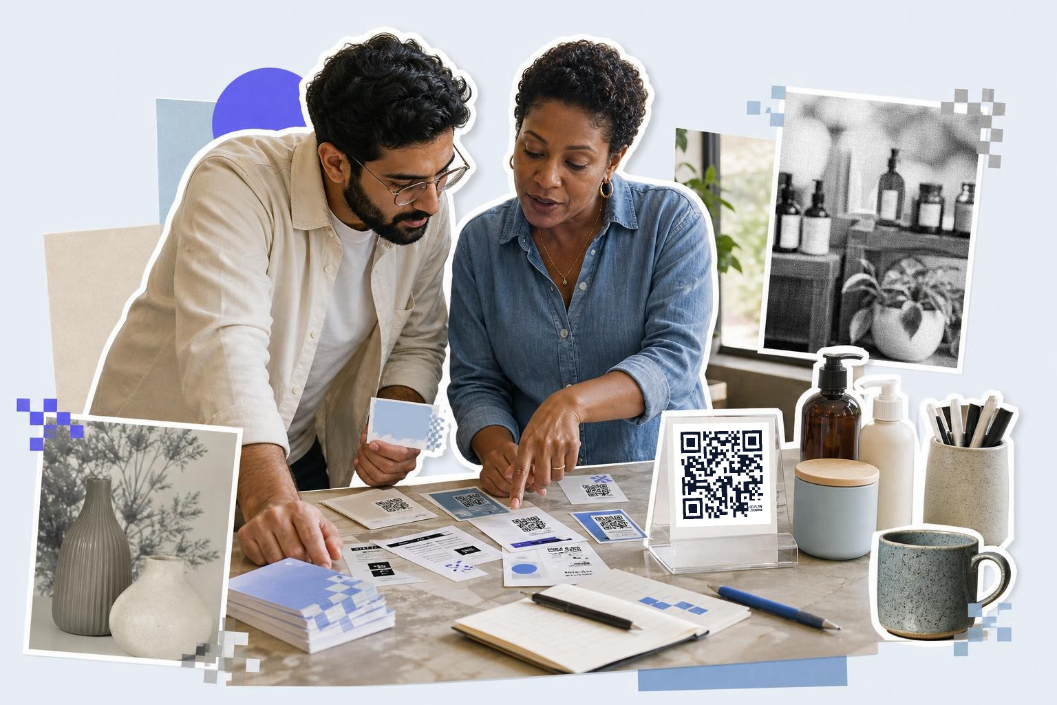 Two people examining QR code cards on a table with various stationery and containers.