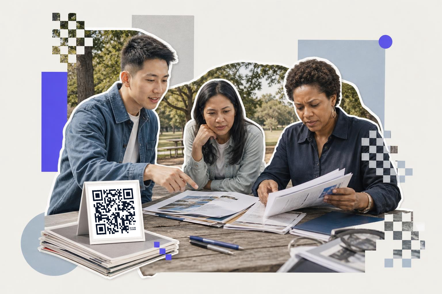 Three people sitting at a picnic table reviewing documents with a QR code on a card nearby.