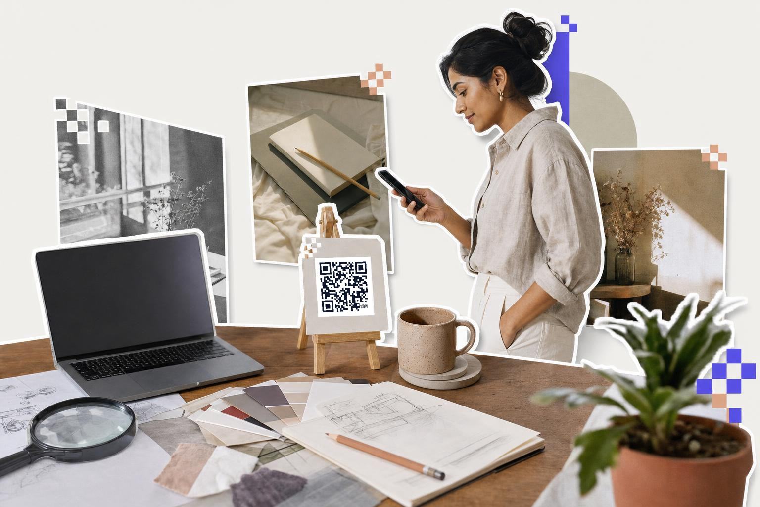 Designer at a desk holding a phone toward a printed card with a QR code on a small easel, a laptop and sketches beside it